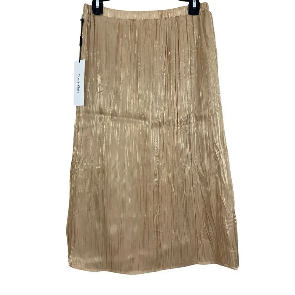 Calvin Klein Gold Pleated/Crinkle Skirt - Size Small